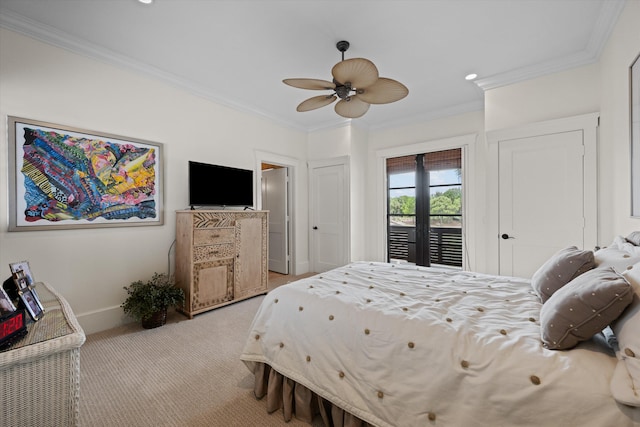 bedroom featuring ceiling fan, access to exterior, light carpet, and ornamental molding