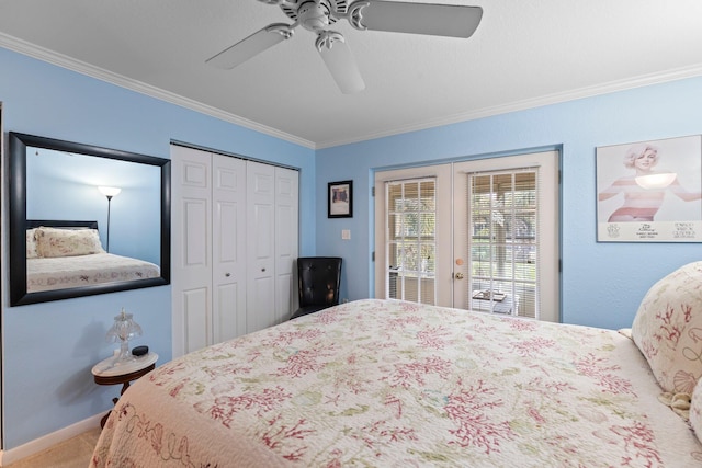 carpeted bedroom with ornamental molding, access to exterior, ceiling fan, and french doors