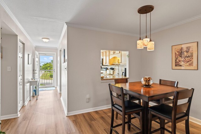 dining space with light wood-type flooring, crown molding, and sink