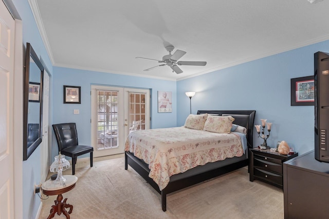 bedroom with access to exterior, crown molding, light colored carpet, and ceiling fan