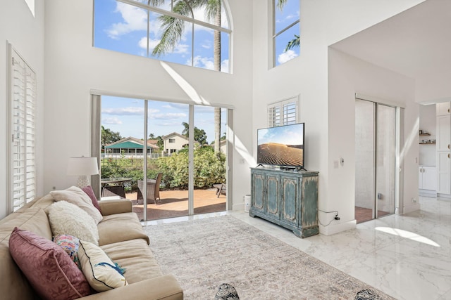 living room featuring a towering ceiling and a healthy amount of sunlight