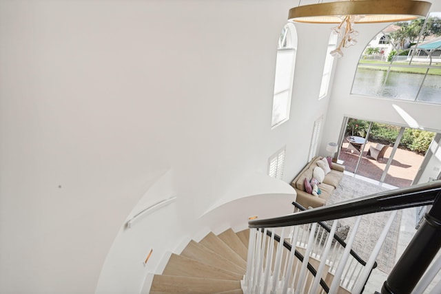 stairs featuring a high ceiling, a water view, and a chandelier