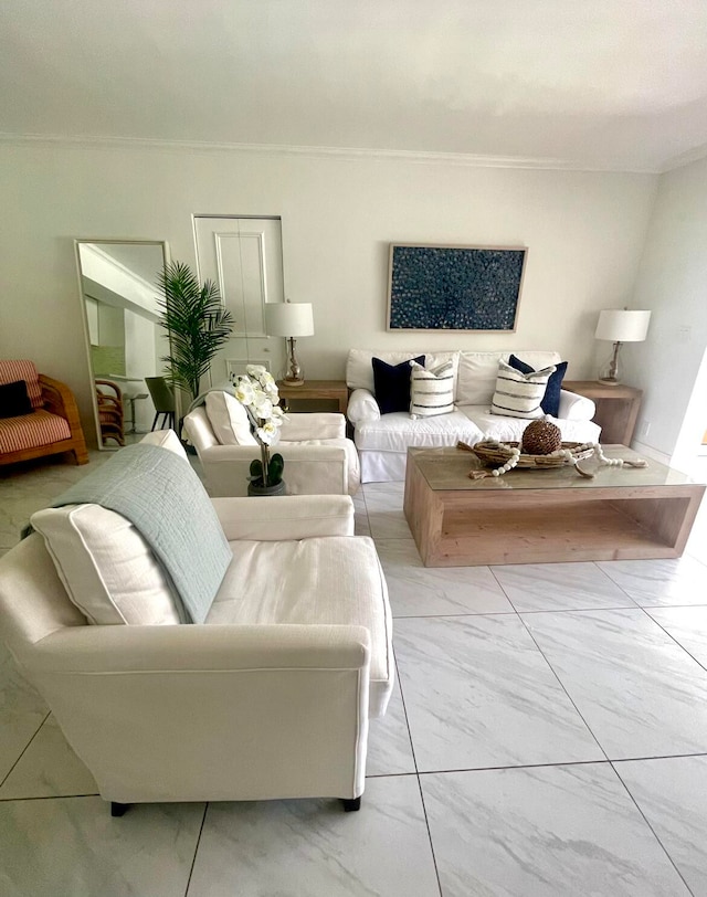 living room with crown molding