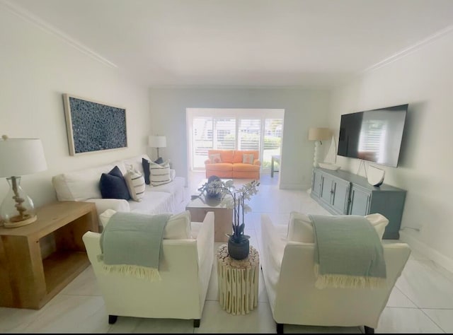 living room featuring ornamental molding and light tile patterned floors