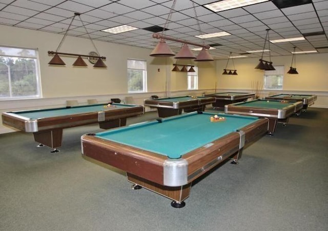 rec room featuring carpet, a paneled ceiling, and billiards