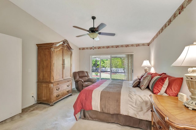 carpeted bedroom featuring ceiling fan and access to exterior