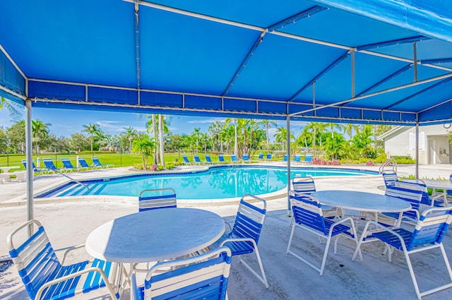 view of pool with a lawn and a patio area