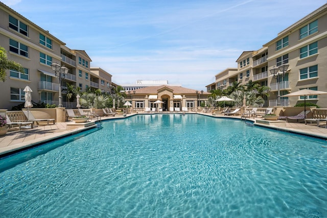 view of swimming pool with a patio area