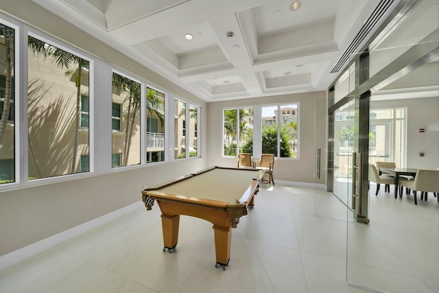 game room featuring beam ceiling, pool table, coffered ceiling, and light tile patterned floors