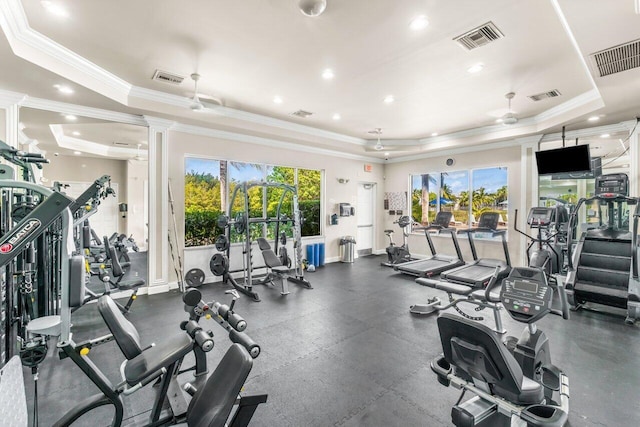 workout area with ceiling fan, a wealth of natural light, and a raised ceiling