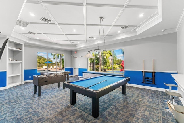 game room with ornamental molding, pool table, coffered ceiling, and carpet