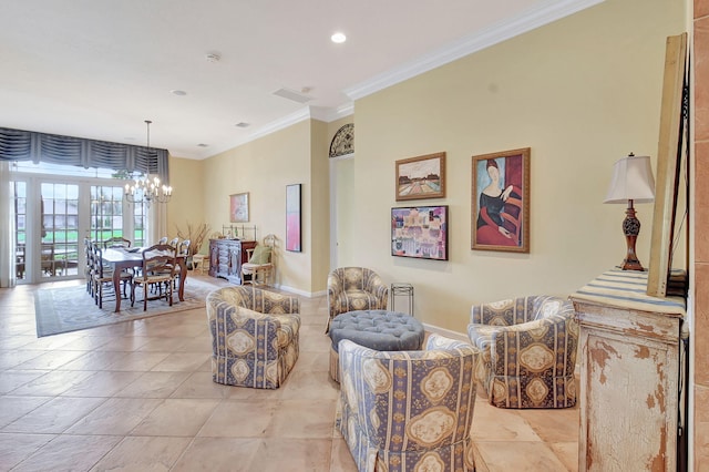 living room featuring crown molding and an inviting chandelier