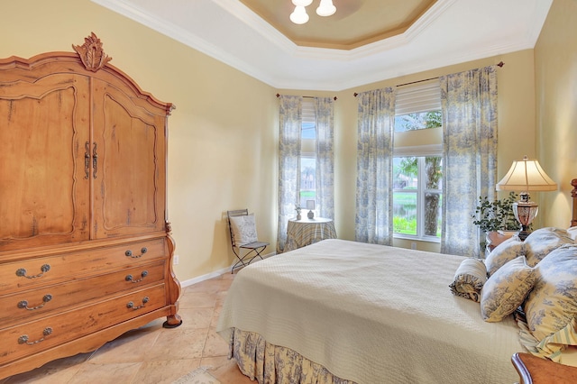 bedroom with crown molding and light tile patterned flooring