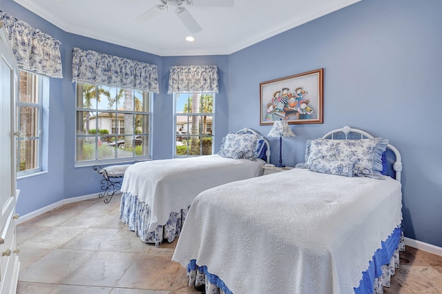 tiled bedroom with ornamental molding, multiple windows, and ceiling fan