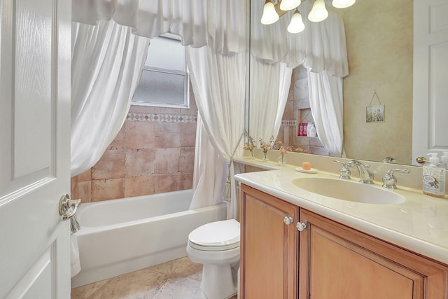 full bathroom with vanity, tile patterned flooring, toilet, and shower / bathtub combination with curtain