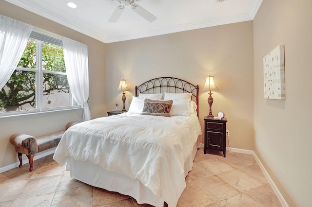 bedroom featuring ceiling fan and crown molding