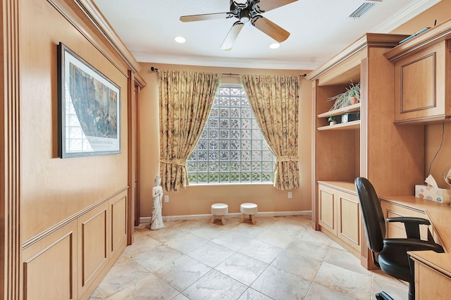 office area with ornamental molding and ceiling fan