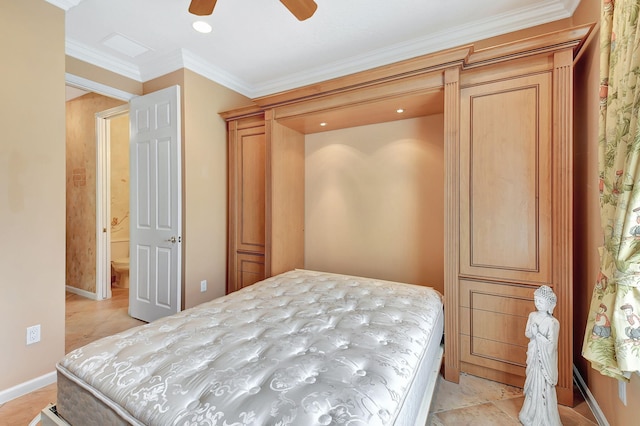 bedroom with ceiling fan and ornamental molding