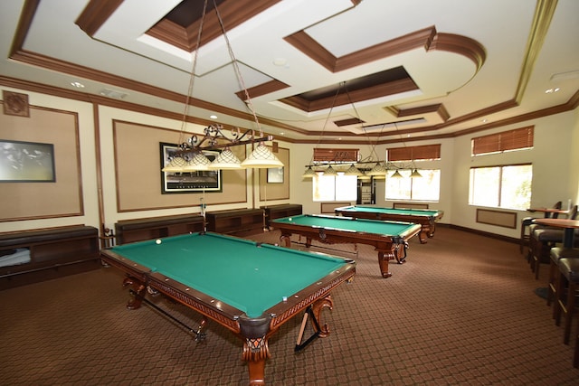 playroom with a raised ceiling, dark colored carpet, crown molding, and pool table