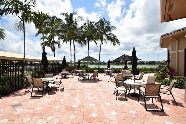 view of patio / terrace with a water view