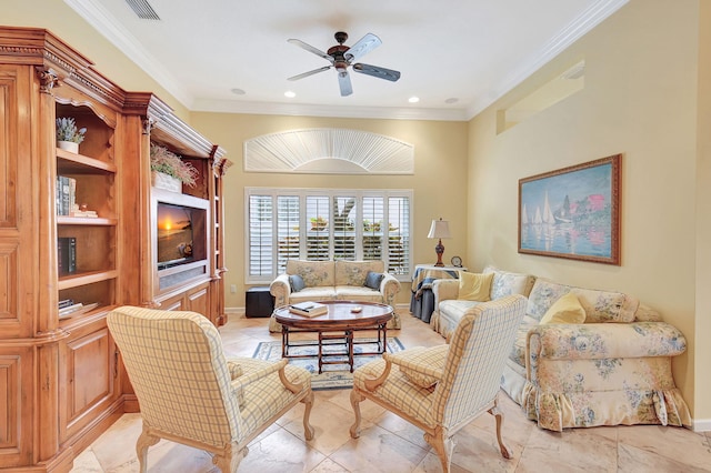 living room featuring crown molding and ceiling fan