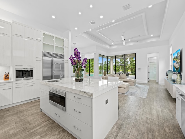 kitchen with appliances with stainless steel finishes, an island with sink, a tray ceiling, and white cabinets