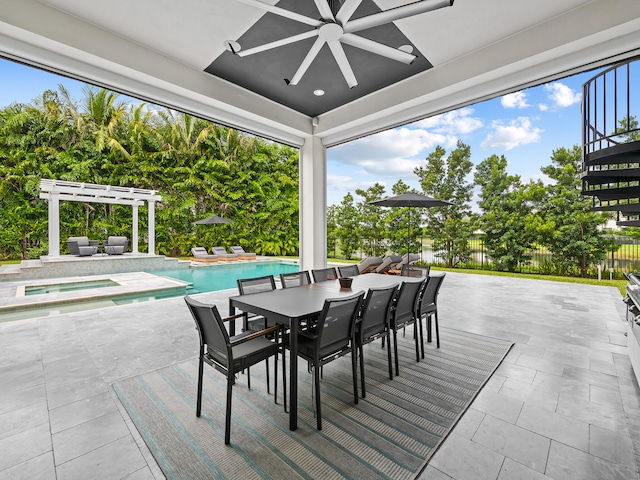 view of patio featuring a pergola, ceiling fan, and a swimming pool with hot tub