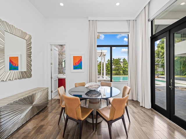 dining room featuring french doors, hardwood / wood-style flooring, and plenty of natural light