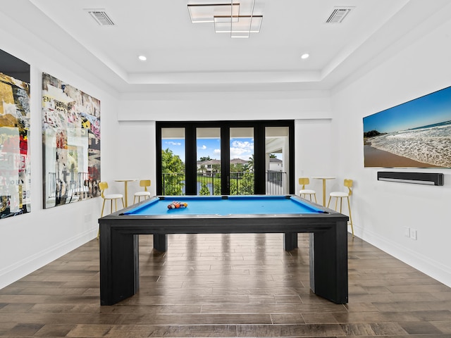 game room featuring french doors, dark wood-type flooring, and billiards