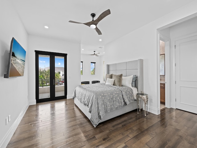 bedroom with access to outside, dark hardwood / wood-style floors, and ceiling fan