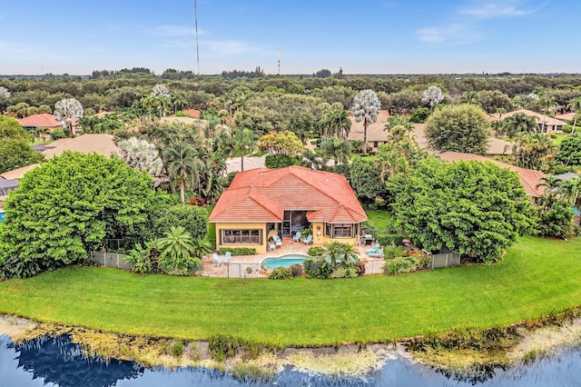 drone / aerial view featuring a water view