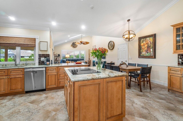 kitchen with black electric stovetop, sink, dishwasher, a kitchen island, and hanging light fixtures