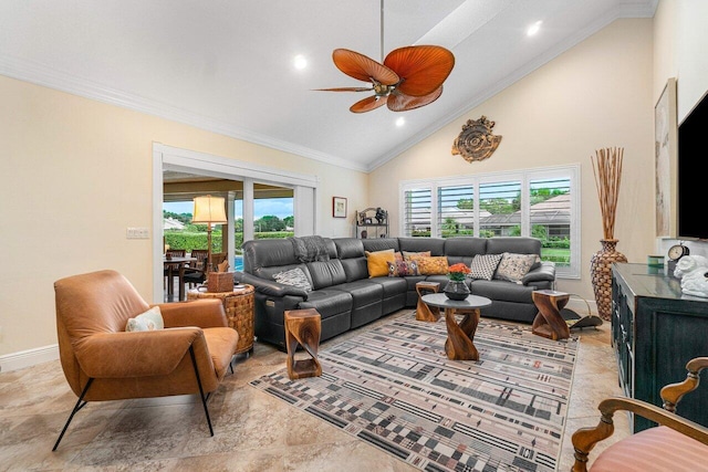 living room with ceiling fan, a healthy amount of sunlight, and ornamental molding