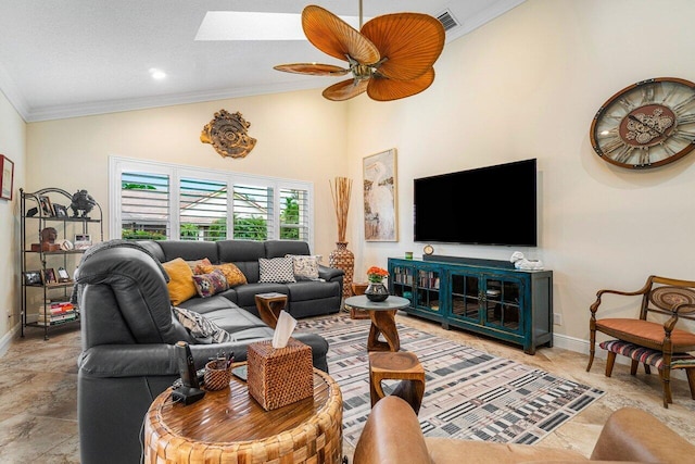 living room with a skylight, ceiling fan, high vaulted ceiling, crown molding, and a textured ceiling