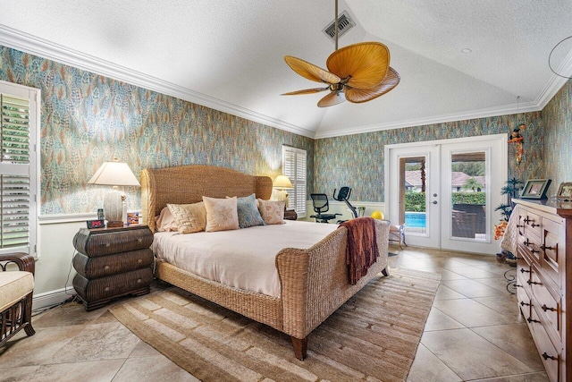 bedroom featuring access to exterior, french doors, ceiling fan, crown molding, and lofted ceiling