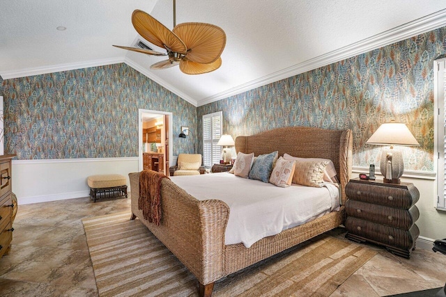 bedroom featuring ceiling fan, ornamental molding, a textured ceiling, and vaulted ceiling