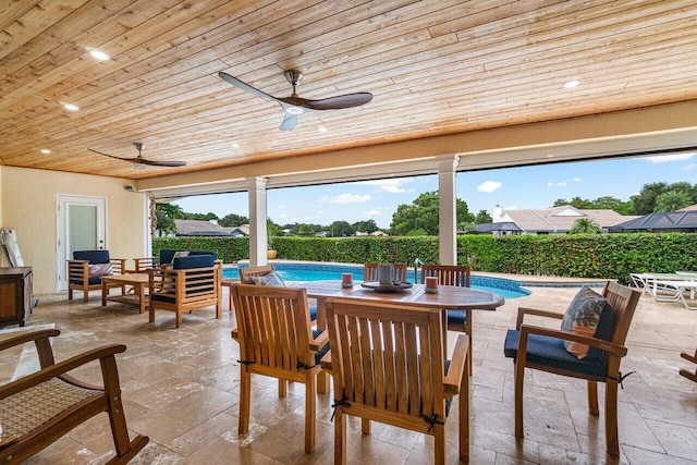 sunroom / solarium featuring ceiling fan, a swimming pool, and wooden ceiling