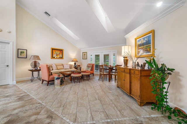 living room featuring lofted ceiling with skylight, french doors, and ornamental molding