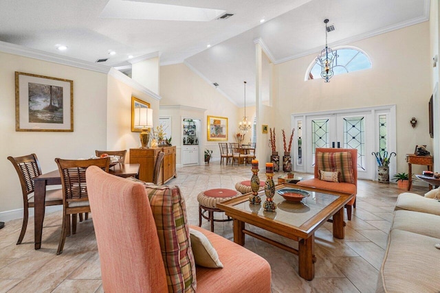 living room featuring crown molding, high vaulted ceiling, and a chandelier