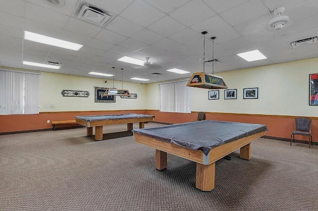 rec room featuring billiards, carpet flooring, and a paneled ceiling