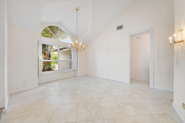 unfurnished dining area with light tile patterned floors, a chandelier, and high vaulted ceiling