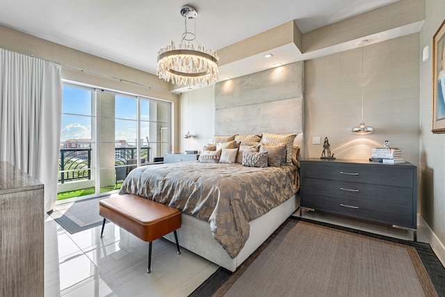 bedroom featuring an inviting chandelier and tile patterned floors