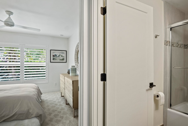 bedroom featuring light carpet and ceiling fan