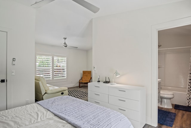 bedroom featuring ceiling fan, connected bathroom, wood-type flooring, a closet, and a spacious closet