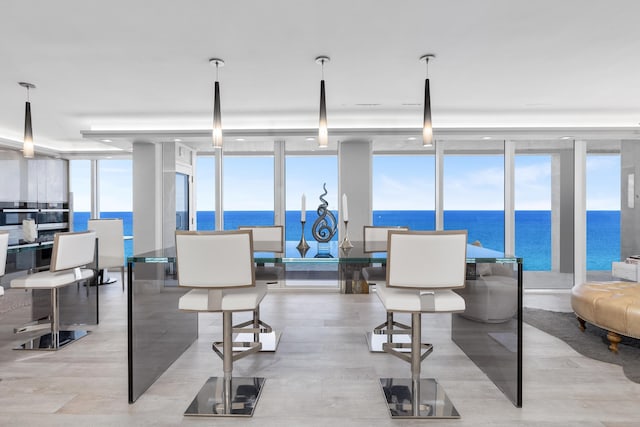 interior space with floor to ceiling windows, a wealth of natural light, and a water view