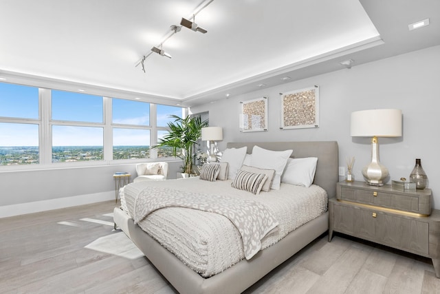 bedroom featuring light hardwood / wood-style flooring and rail lighting