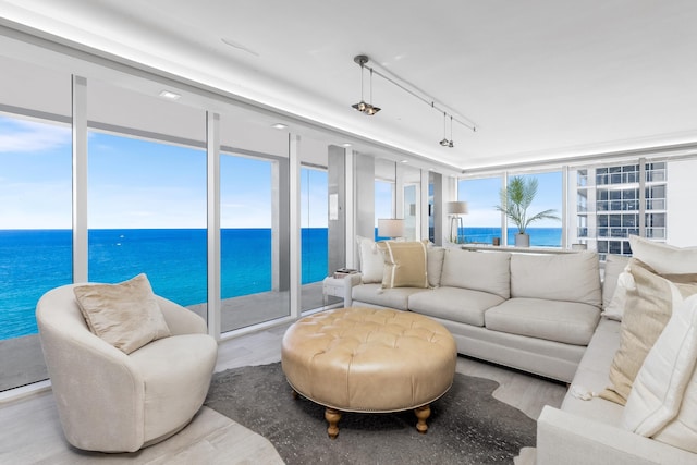 living room featuring a water view, light wood-type flooring, and track lighting