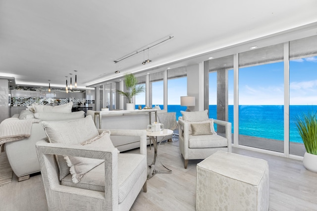 living room featuring light hardwood / wood-style floors, a water view, and track lighting