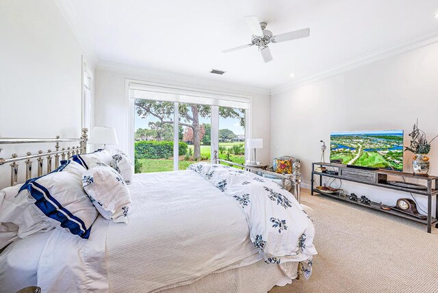 bedroom with ornamental molding, ceiling fan, access to exterior, and carpet flooring