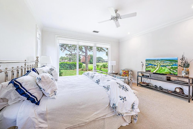 18587 SE Ferland Ct, Jupiter, FL 33469 - carpeted bedroom with visible vents, crown molding, access to outside, a ceiling fan, and french doors